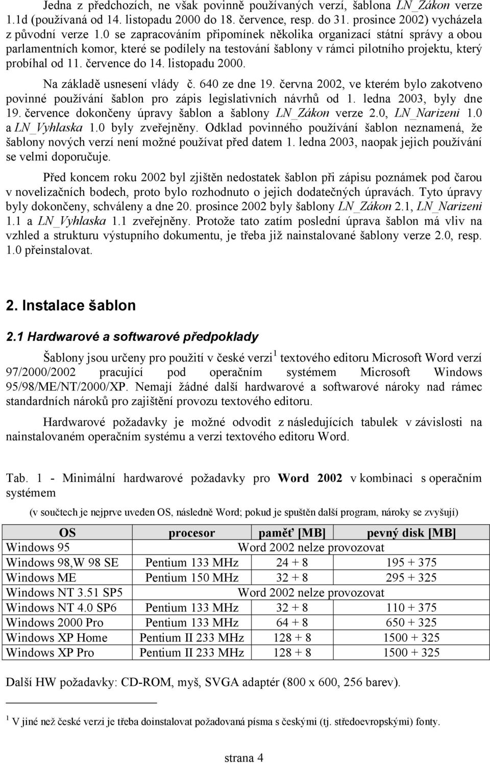 listopadu 2000. Na základě usnesení vlády č. 640 ze dne 19. června 2002, ve kterém bylo zakotveno povinné používání šablon pro zápis legislativních návrhů od 1. ledna 2003, byly dne 19.