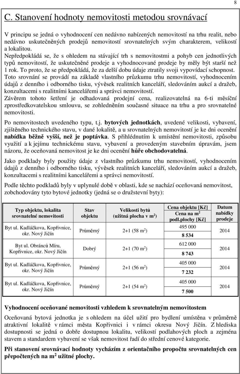 Nepředpokládá se, že s ohledem na stávající trh s nemovitostmi a pohyb cen jednotlivých typů nemovitostí, že uskutečněné prodeje a vyhodnocované prodeje by měly být starší než 1 rok.