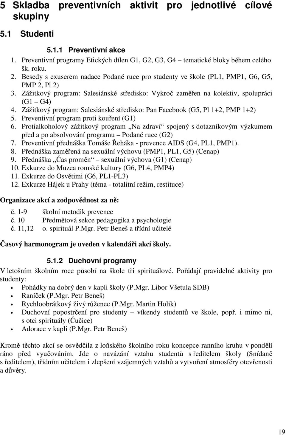 Zážitkový program: Salesiánské středisko: Pan Facebook (G5, Pl 1+2, PMP 1+2) 5. Preventivní program proti kouření (G1) 6.