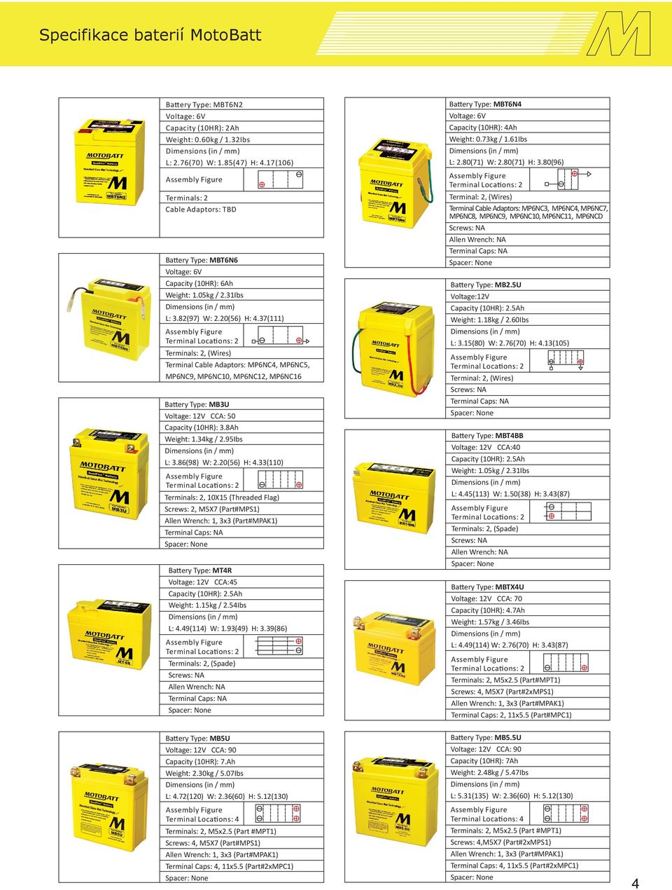 37(111) Terminal Locations: 2 Terminals: 2, (Wires) Terminal Cable Adaptors: MP6NC4, MP6NC5, MP6NC9, MP6NC10, MP6NC12, MP6NC16 Battery Type: MB3U Voltage: 12V CCA: 50 Capacity (10HR): 3.8Ah Weight: 1.