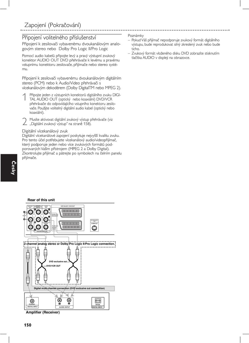 Poznámky Pokud Váš přjímač nepodporuje zvukový formát dgtálního výstupu, bude reprodukovat slný zkreslený zvuk nebo bude tcho.