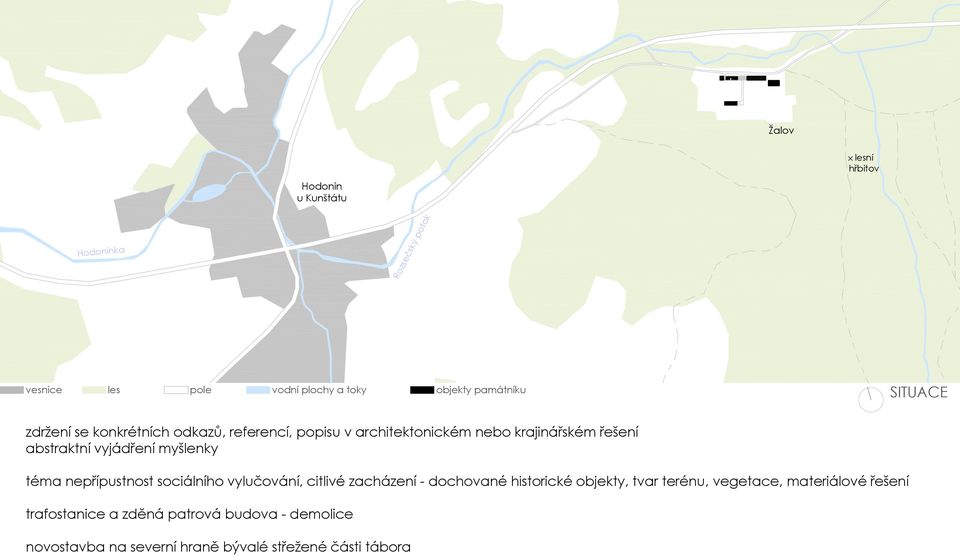 myšlenky téma nepřípustnost sociálního vylučování, citlivé zacházení - dochované historické objekty, tvar terénu,