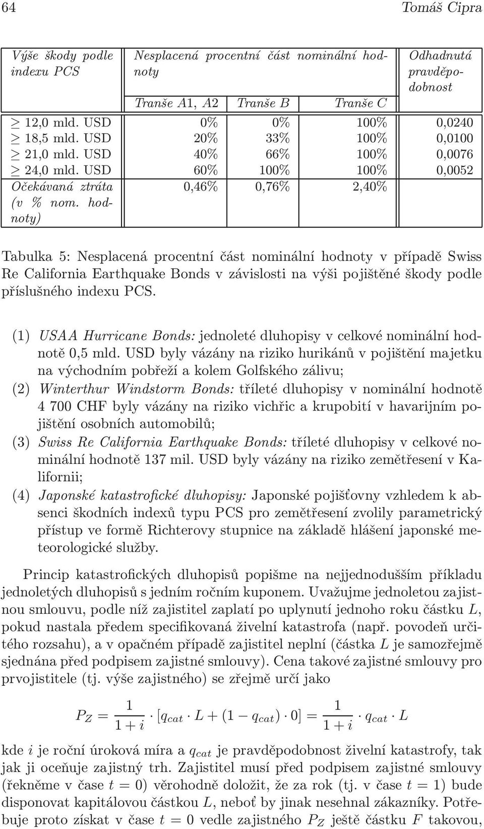 hodnoty) 0,46% 0,76% 2,40% Tabulka 5: Nesplacená procentní část nominální hodnoty v případě Swiss Re California Earthquake Bonds v závislosti na výši pojištěné škody podle příslušného indexu PCS.