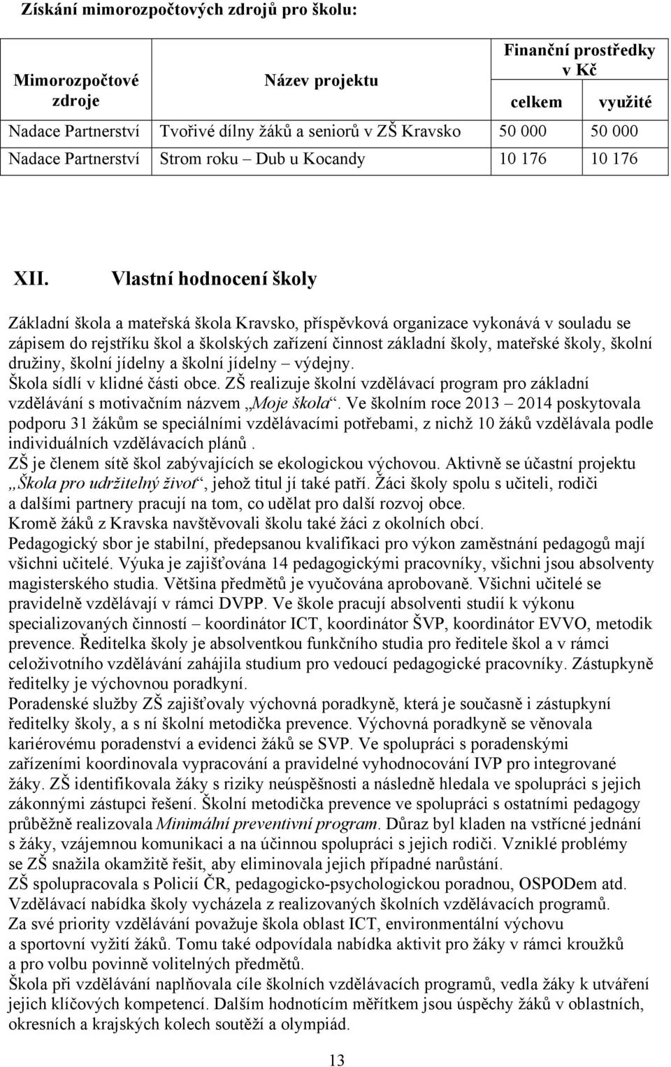 Vlastní hodnocení školy Základní škola a mateřská škola Kravsko, příspěvková organizace vykonává v souladu se zápisem do rejstříku škol a školských zařízení činnost základní školy, mateřské školy,