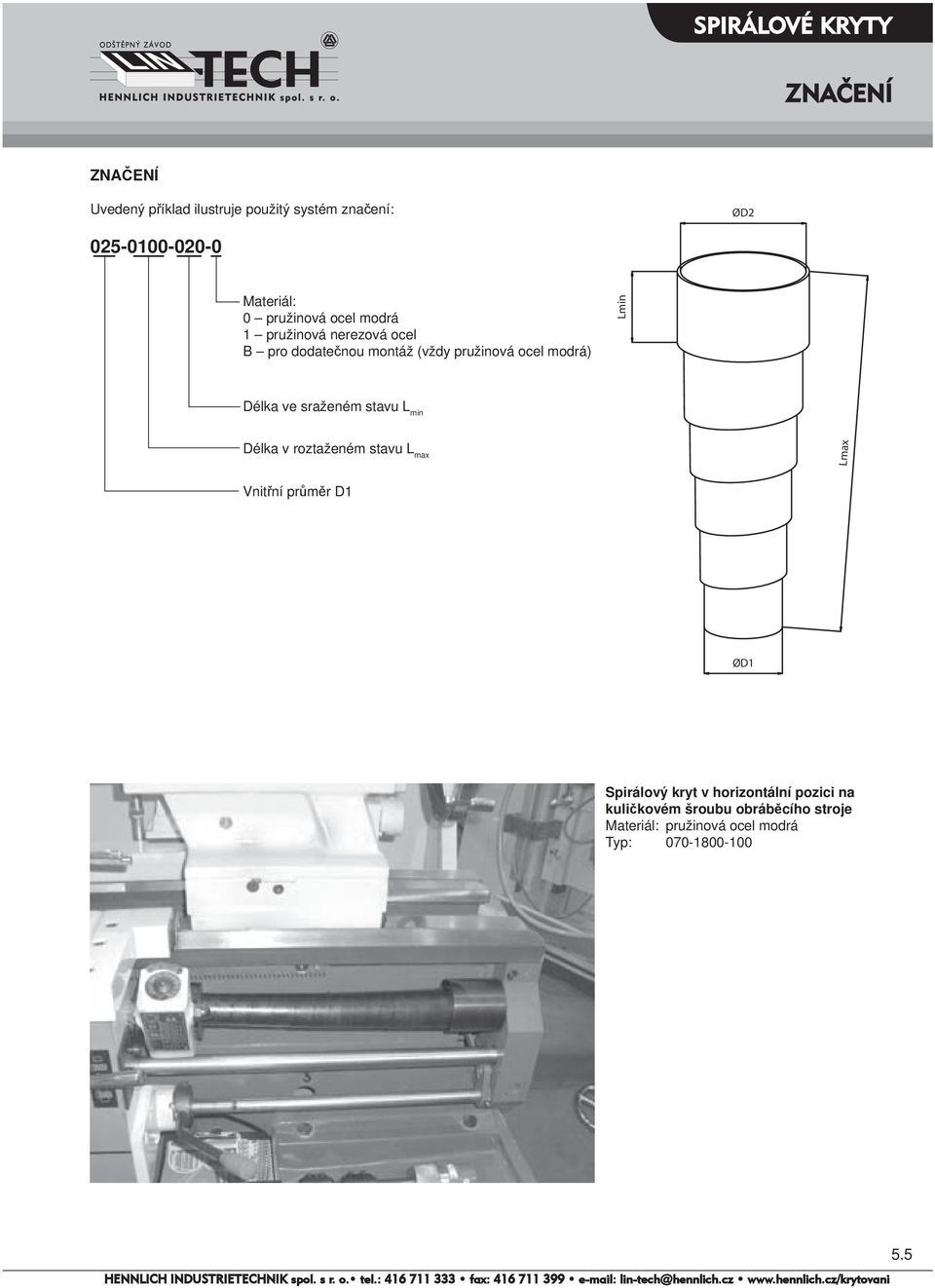 L Délka ve sraženém stavu L Délka v roztaženém stavu Lmax Vnitřní průměr Ø Spirálový kryt v