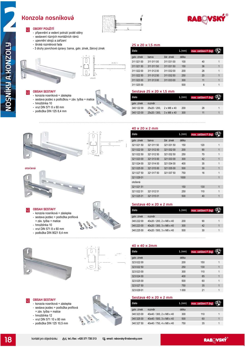 tyčka + matice - hmoždinka 10 - vrut DIN 571 8 x 60 mm - podložka DIN 125 8,4 mm 25 x 20 x 1,5 mm L (mm) max. zatížení F (kg) galv. zinek barva žár.