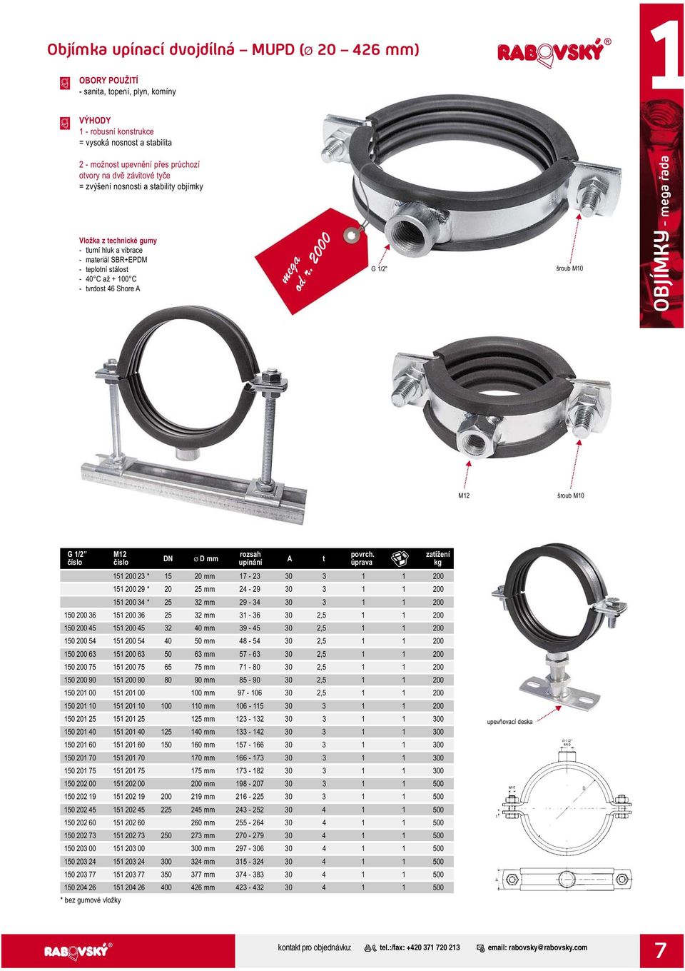 2000 G 1/2" šroub M10 OBJÍMKY - mega řada M12 šroub M10 G 1/2 M12 DN Ø D mm rozsah upínání 151 200 23 * 15 20 mm 17-23 30 3 1 1 200 151 200 29 * 20 25 mm 24-29 30 3 1 1 200 151 200 34 * 25 32 mm