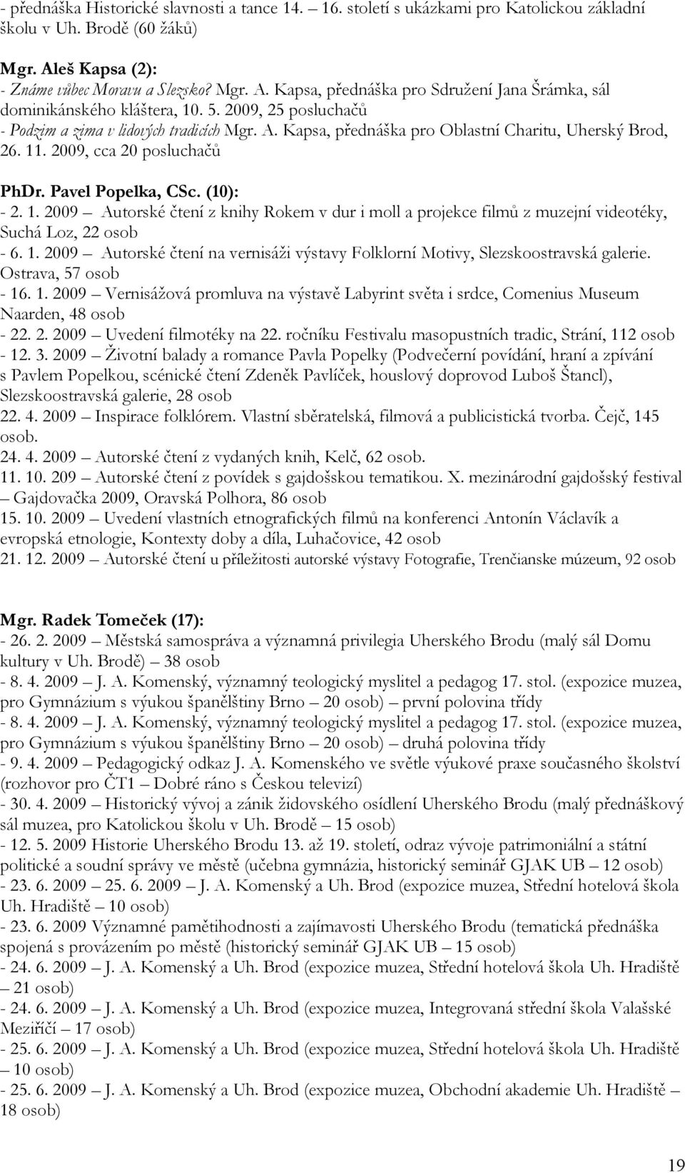 11. 2009, cca 20 posluchačů PhDr. Pavel Popelka, CSc. (10): - 2. 1. 2009 Autorské čtení z knihy Rokem v dur i moll a projekce filmů z muzejní videotéky, Suchá Loz, 22 osob - 6. 1. 2009 Autorské čtení na vernisáži výstavy Folklorní Motivy, Slezskoostravská galerie.