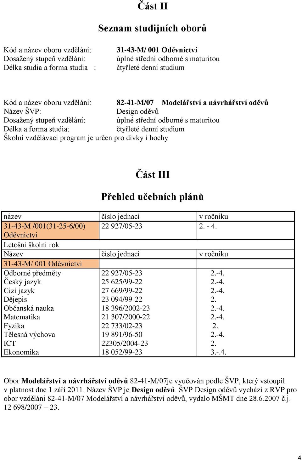 Školní vzdělávací program je určen pro dívky i hochy Část III Přehled učebních plánů název číslo jednací v ročníku 31-43-M /001(31-25-6/00) 22 927/05-23 2. - 4.