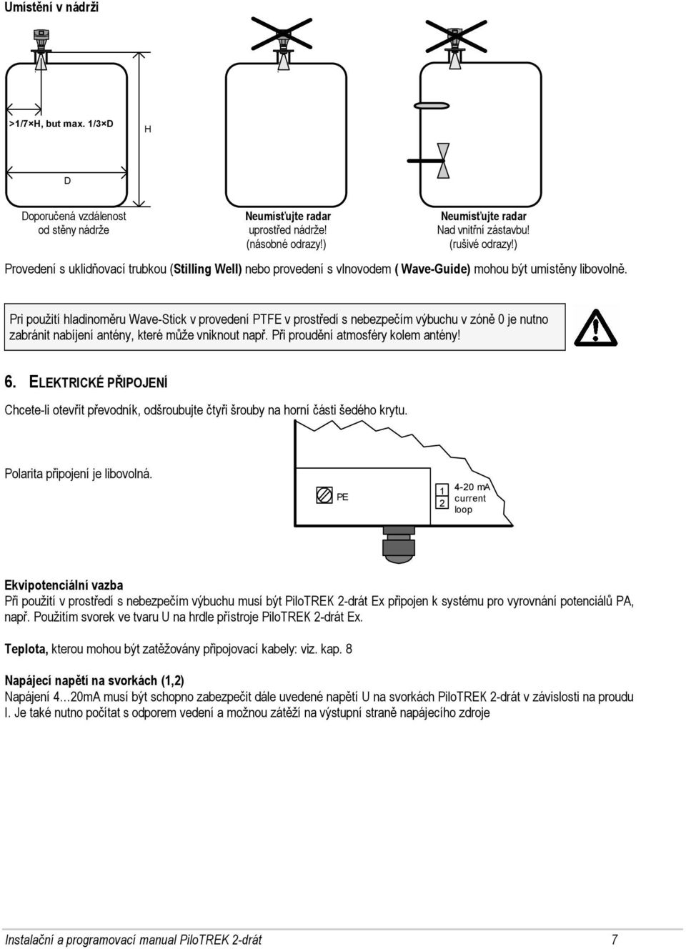 Pri použití hladinoměru Wave-Stick v provedení PTFE v prostředí s nebezpečím výbuchu v zóně 0 je nutno zabránit nabíjení antény, které může vniknout např. Při proudění atmosféry kolem antény! 6.