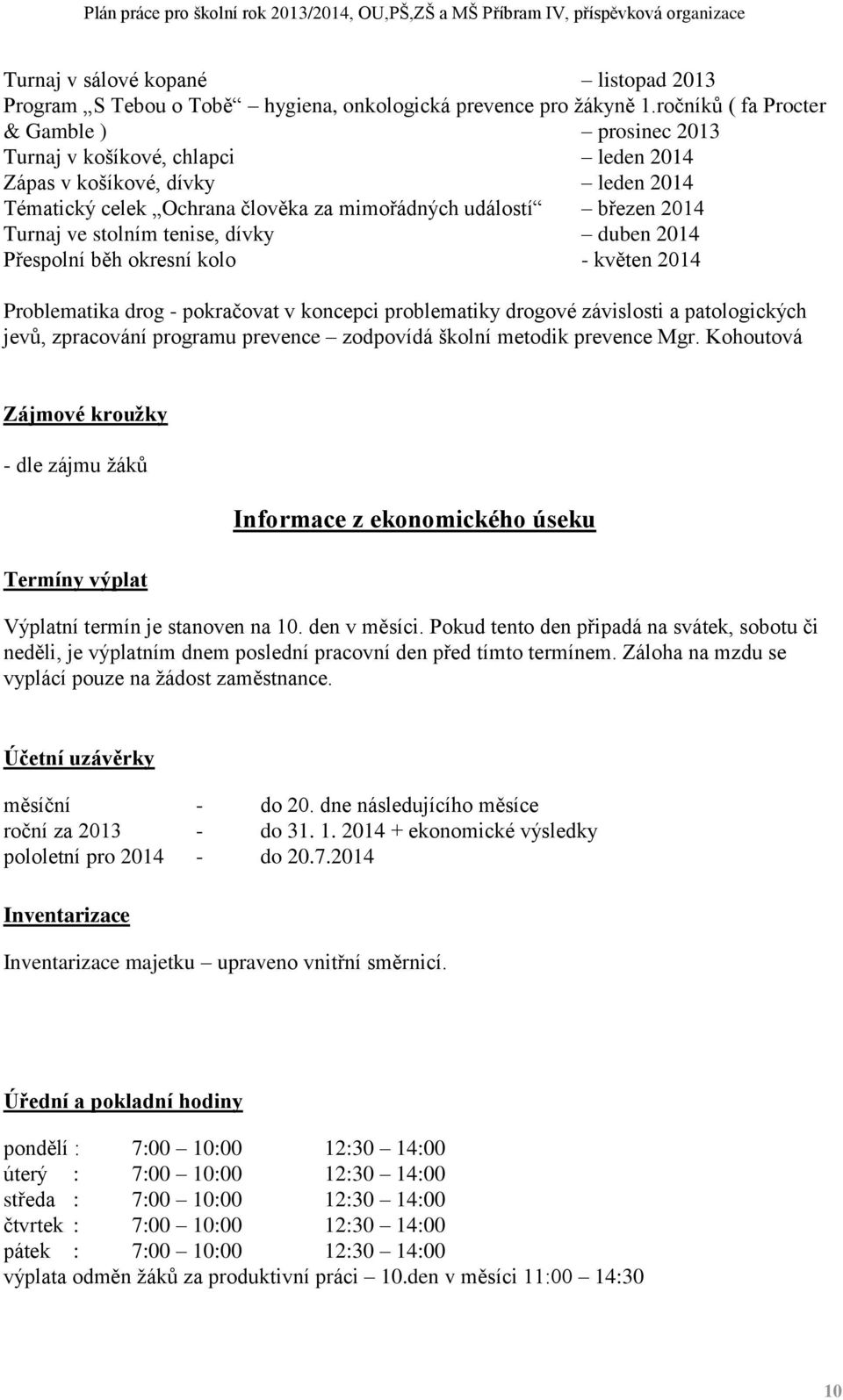 stolním tenise, dívky duben 2014 Přespolní běh okresní kolo - květen 2014 Problematika drog - pokračovat v koncepci problematiky drogové závislosti a patologických jevů, zpracování programu prevence