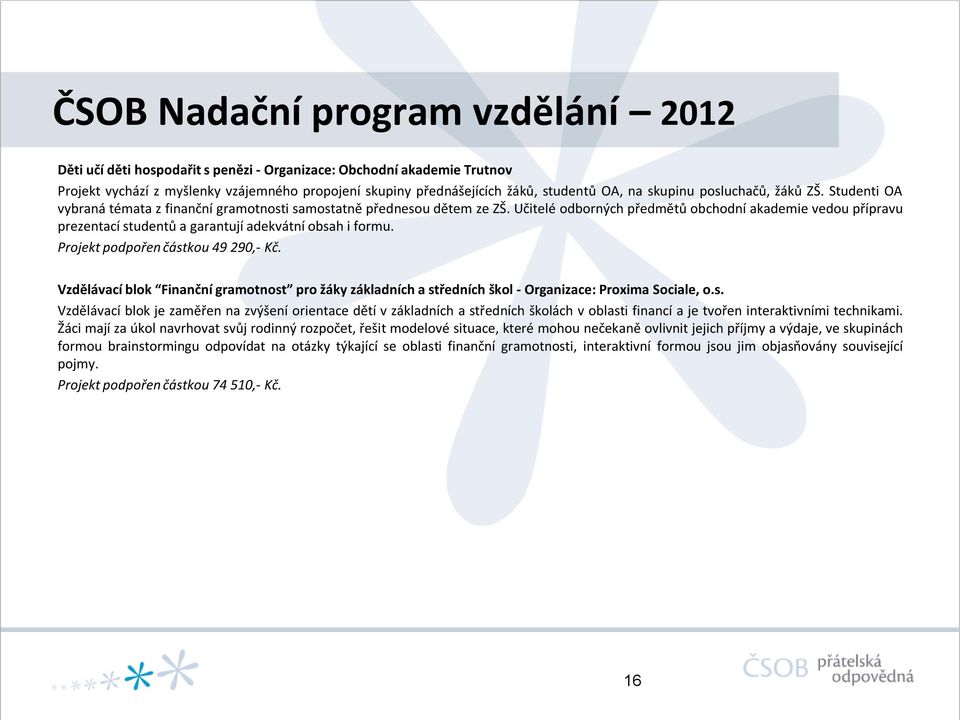 Učitelé odborných předmětů obchodní akademie vedou přípravu prezentací studentů a garantují adekvátní obsah i formu. Projekt podpořen částkou 49 290,- Kč.