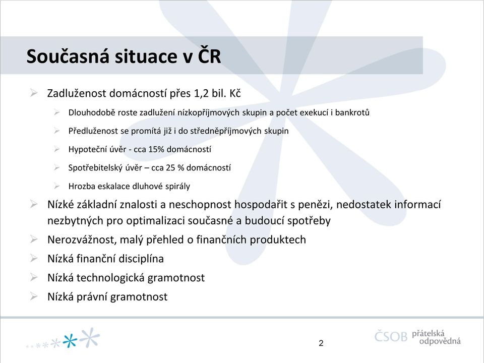 Hypoteční úvěr - cca 15% domácností Spotřebitelský úvěr cca 25 % domácností Hrozba eskalace dluhové spirály Nízké základní znalosti a