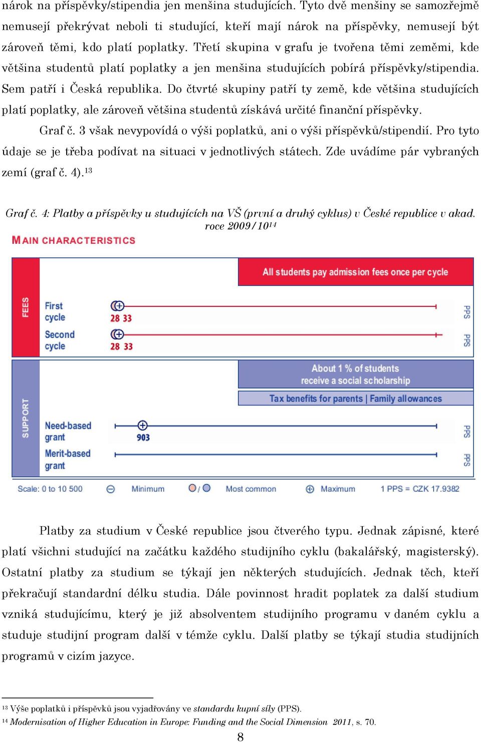 Třetí skupina v grafu je tvořena těmi zeměmi, kde většina studentů platí poplatky a jen menšina studujících pobírá příspěvky/stipendia. Sem patří i Česká republika.