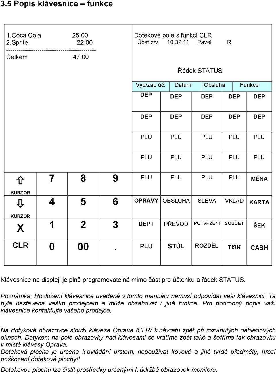 PŘEVOD POTVRZENÍ SOUČET CLR 0 00. PLU STŮL ROZDĚL TISK CASH ŠEK Klávesnice na displeji je plně programovatelná mimo část pro účtenku a řádek STATUS.