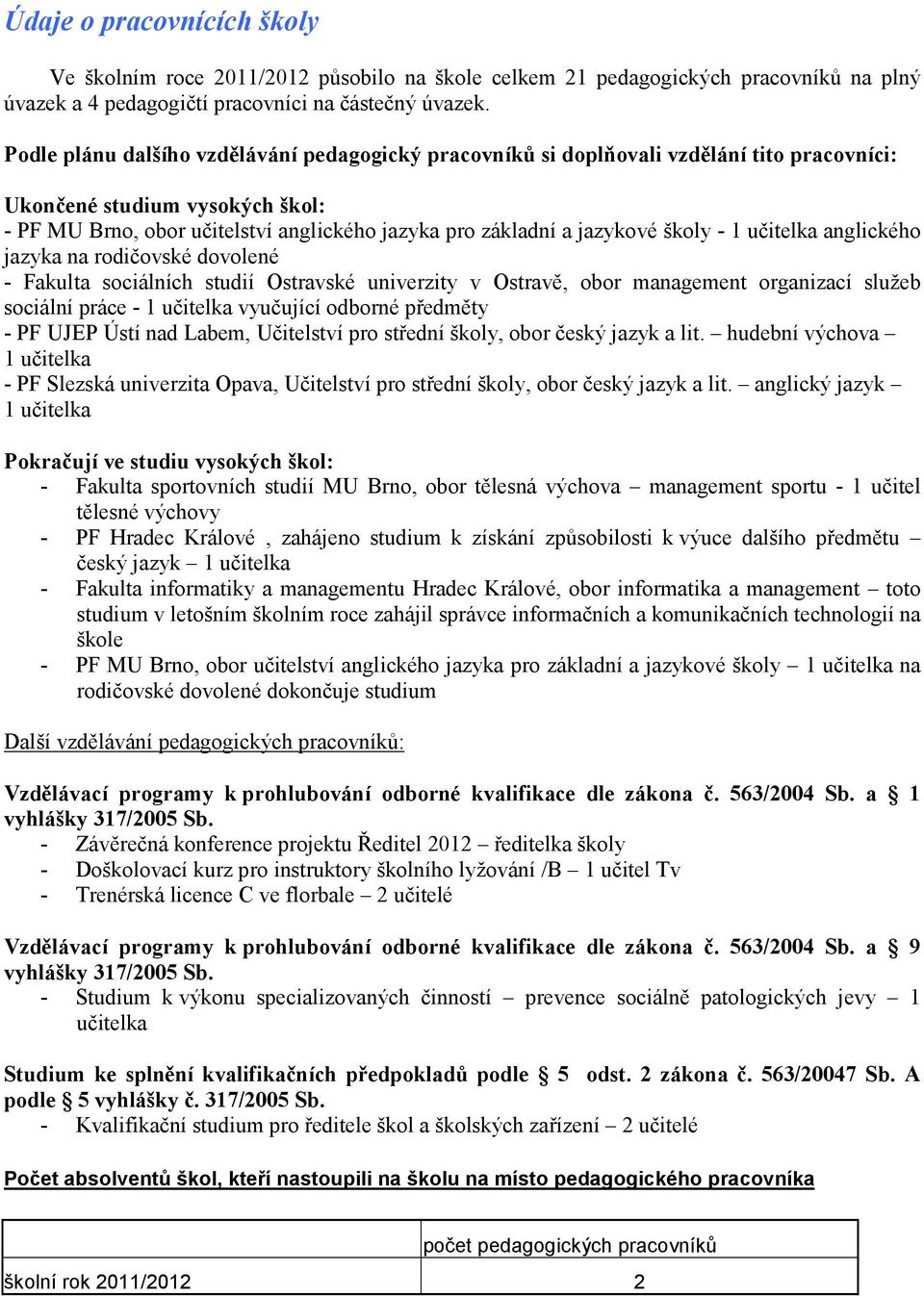 školy - 1 učitelka anglického jazyka na rodičovské dovolené - Fakulta sociálních studií Ostravské univerzity v Ostravě, obor management organizací služeb sociální práce - 1 učitelka vyučující odborné