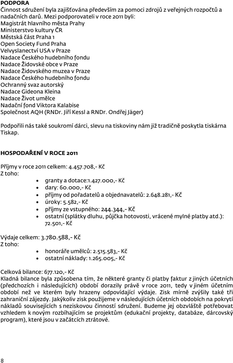 Nadace Židovské obce v Praze Nadace Židovského muzea v Praze Nadace Českého hudebního fondu Ochranný svaz autorský Nadace Gideona Kleina Nadace Život umělce Nadační fond Viktora Kalabise Společnost