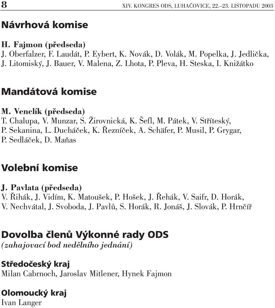 Řezníček, A. Schäfer, P. Musil, P. Grygar, P. Sedláček, D. Maňas Volební komise J. Pavlata (předseda) V. Řihák, J. Vidím, K. Matoušek, P. Hošek, J. Řehák, V. Saifr, D. Horák, V. Nechvátal, J.