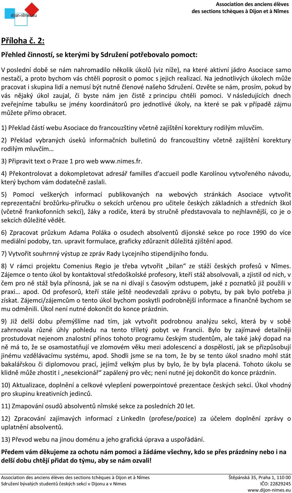 poprosit o pomoc s jejich realizací. Na jednotlivých úkolech může pracovat i skupina lidí a nemusí být nutně členové našeho Sdružení.