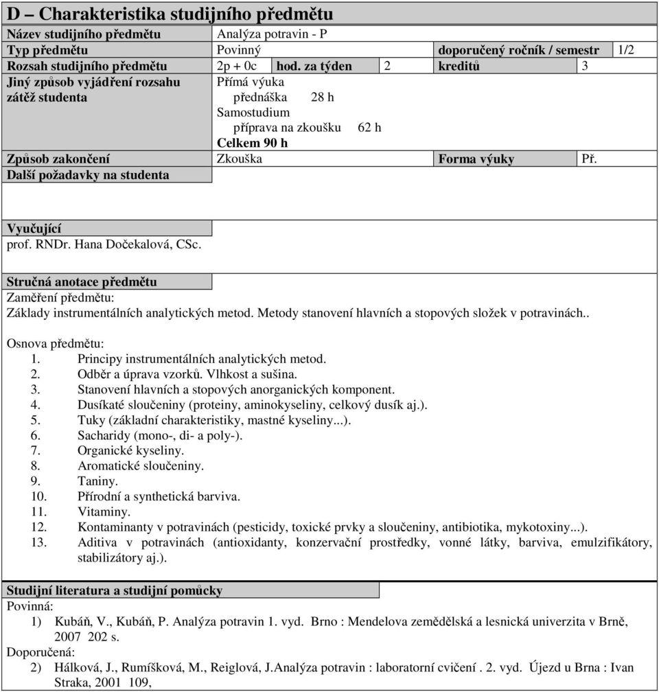 Další požadavky na studenta Vyučující prof. RNDr. Hana Dočekalová, CSc. Stručná anotace předmětu Zaměření předmětu: Základy instrumentálních analytických metod.