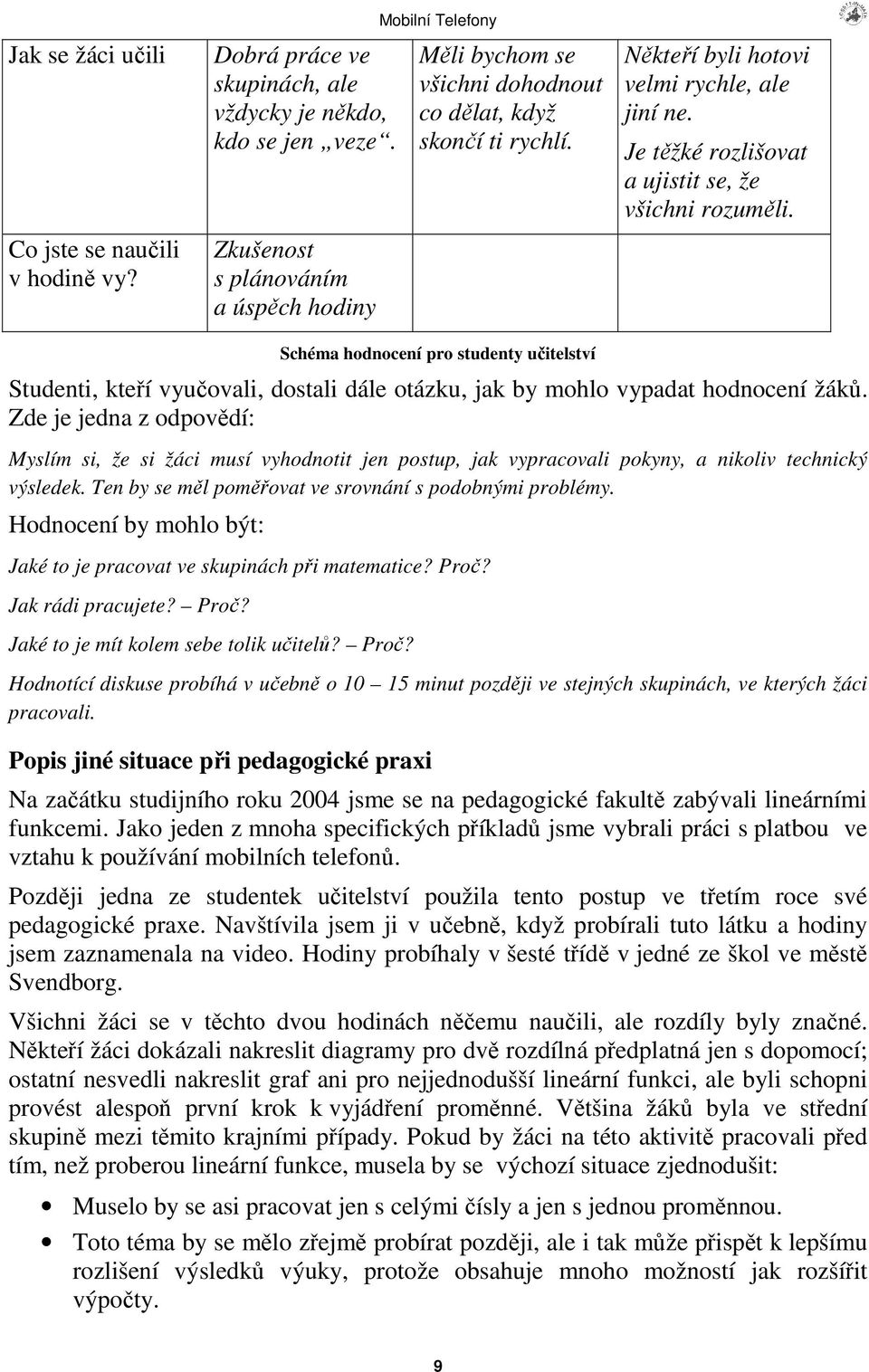 Zkušenost s plánováním a úspch hodiny Schéma hodnocení pro studenty uitelství Studenti, kteí vyuovali, dostali dále otázku, jak by mohlo vypadat hodnocení žák.