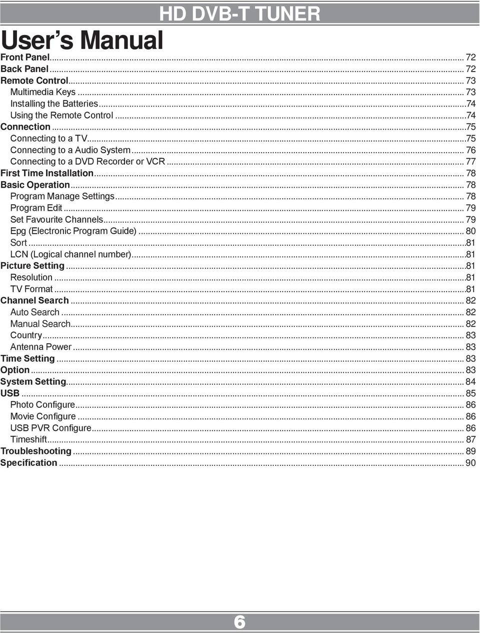 .. 79 Set Favourite Channels... 79 Epg (Electronic Program Guide)... 80 Sort...81 LCN (Logical channel number)...81 Picture Setting...81 Resolution...81 TV Format...81 Channel Search... 82 Auto Search.