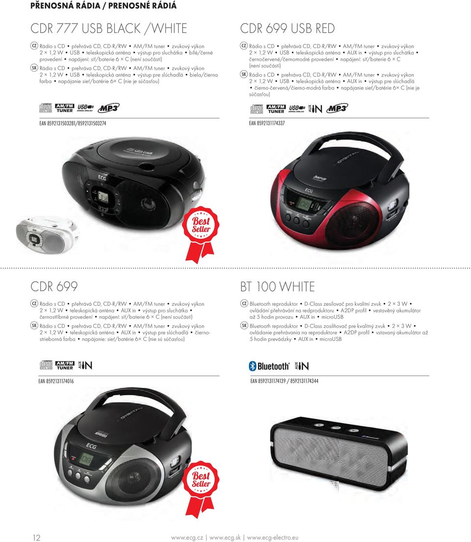 C (nie je súčasťou) CDR 699 USB RED CZ Rádio s CD přehrává CD, CD-R/RW AM/FM tuner zvukový výkon 2 1,2 W USB teleskopická anténa AUX in výstup pro sluchátka černočervené/černomodré provedení
