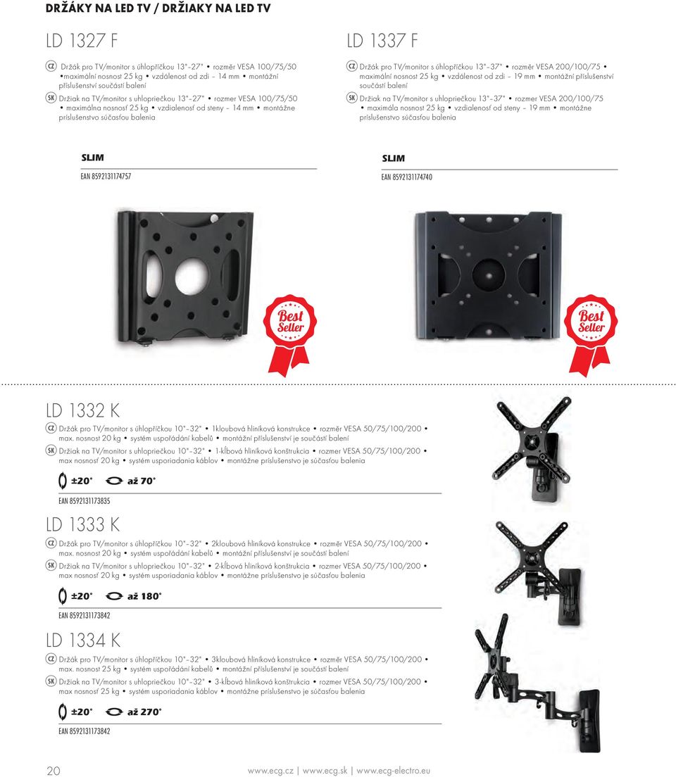 TV/monitor s úhlopříčkou 13" 37" rozměr VESA 200/100/75 maximální nosnost 25 kg vzdálenost od zdi 19 mm montážní příslušenství součástí balení SK Držiak na TV/monitor s uhlopriečkou 13" 37" rozmer