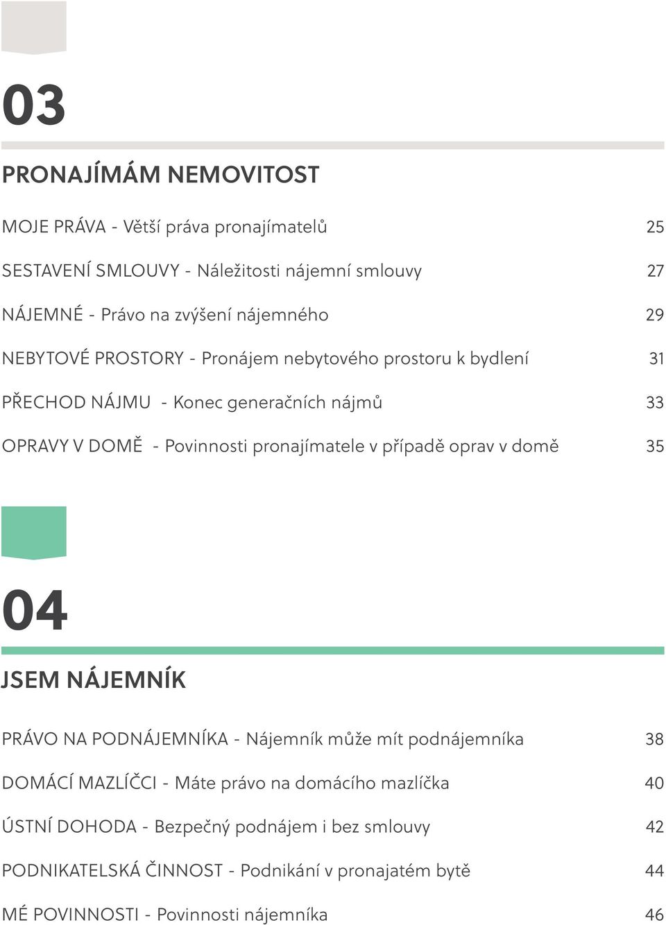 pronajímatele v případě oprav v domě 35 04 JSEM NÁJEMNÍK PRÁVO NA PODNÁJEMNÍKA - Nájemník může mít podnájemníka 38 DOMÁCÍ MAZLÍČCI - Máte právo na