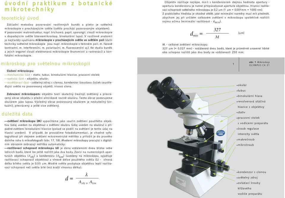 V rostlinné anatomii je nejčastěji využívána mikroskopie v procházejícím světle ve světlém poli (další techniky světelné mikroskopie jsou např. mikroskopie v temném poli, m. fázově kontrastní, m.