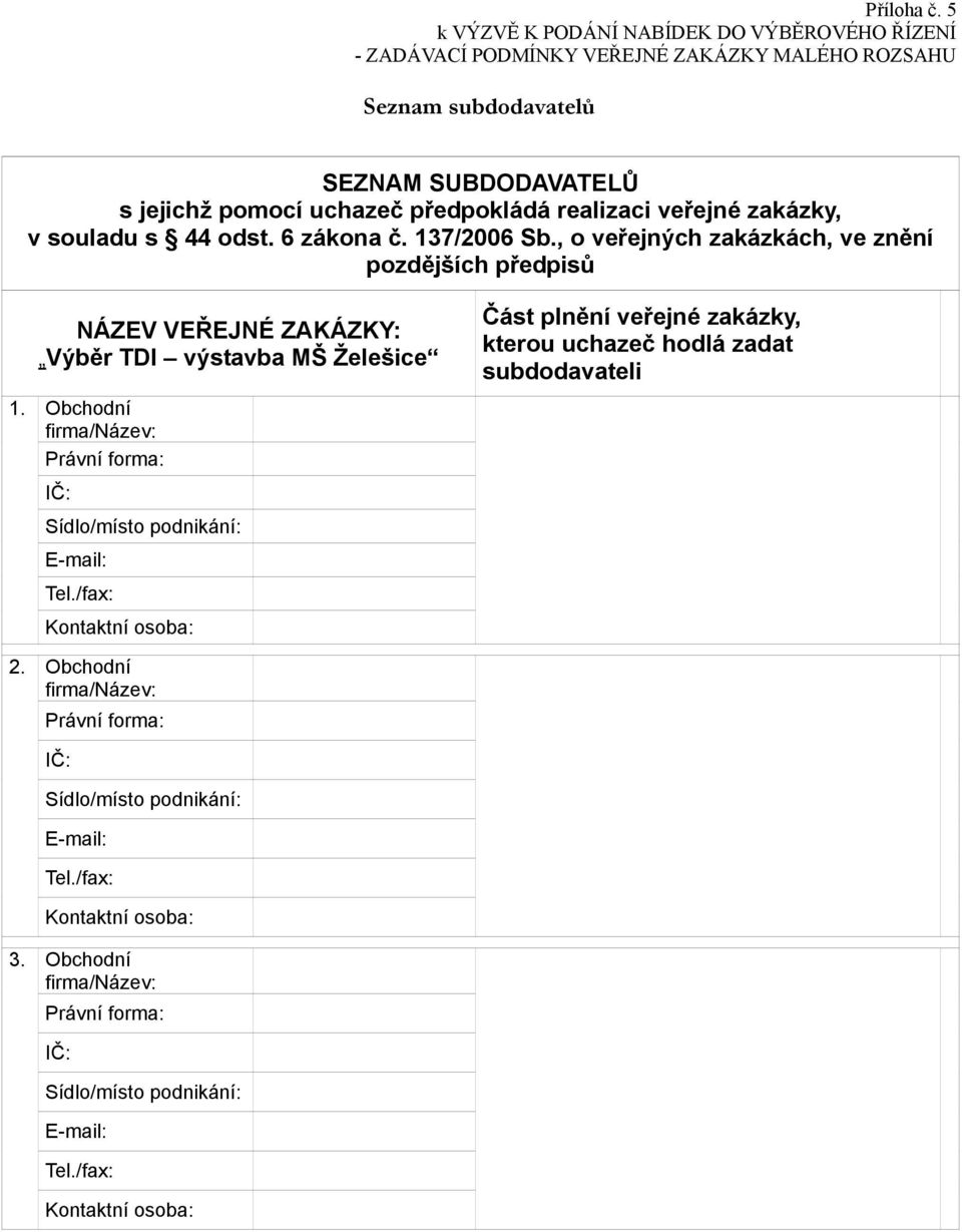 realizaci veřejné zakázky, v souladu s 44 odst. 6 zákona č. 137/2006 Sb., o veřejných zakázkách, ve znění pozdějších předpisů NÁZEV VEŘEJNÉ ZAKÁZKY: Výběr TDI výstavba MŠ Želešice 1.