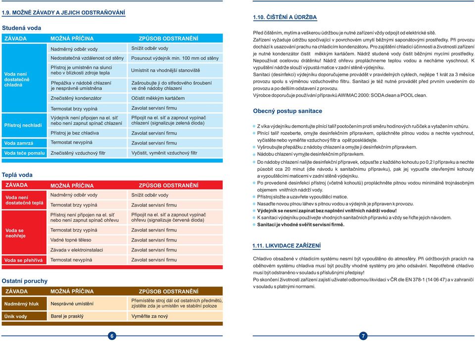 zdroje tepla Pøepážka v nádobì chlazení je nesprávnì umístnìna Zneèistìný kondenzátor Termostat brzy vypíná Výdejník není pøipojen na el.