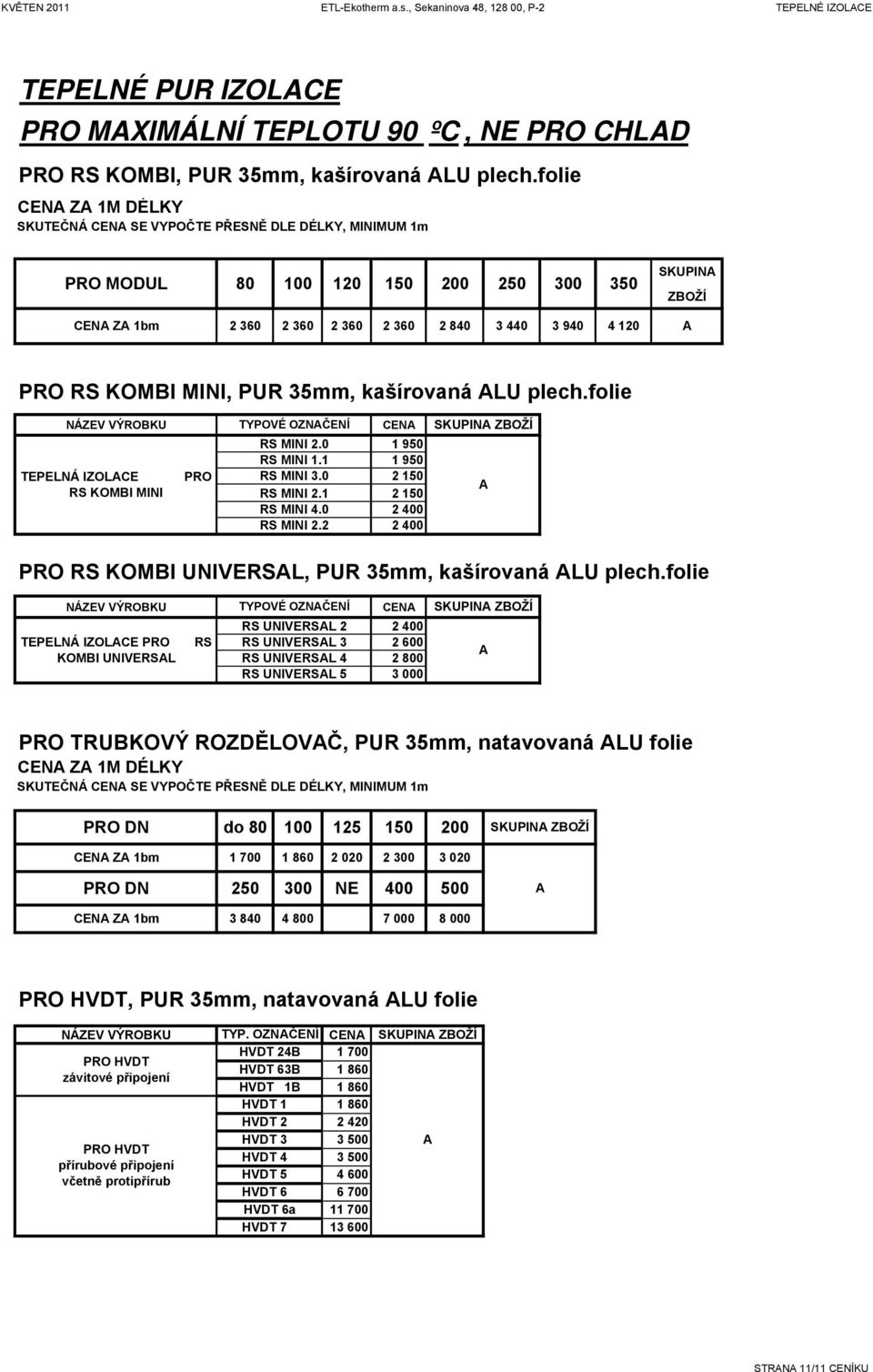 MINI, PUR 35mm, kašírovaná LU plech.folie NÁZEV VÝROBKU TEPELNÁ IZOLCE RS KOMBI MINI PRO TYPOVÉ OZNČENÍ RS MINI 2.0 RS MINI 1.1 RS MINI 3.0 RS MINI 2.