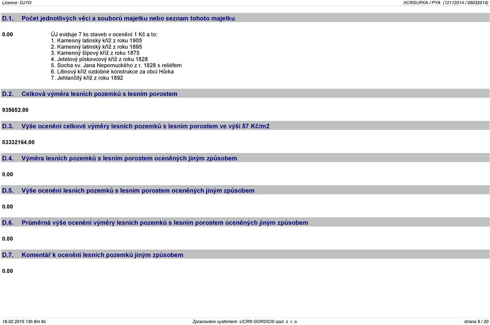 Jehlančitý kříž z roku 1892 D.2. Celková výměra lesních pozemků s lesním porostem 935652.00 D.3. Výše ocenění celkové výměry lesních pozemků s lesním porostem ve výši 57 Kč/m2 53332164.