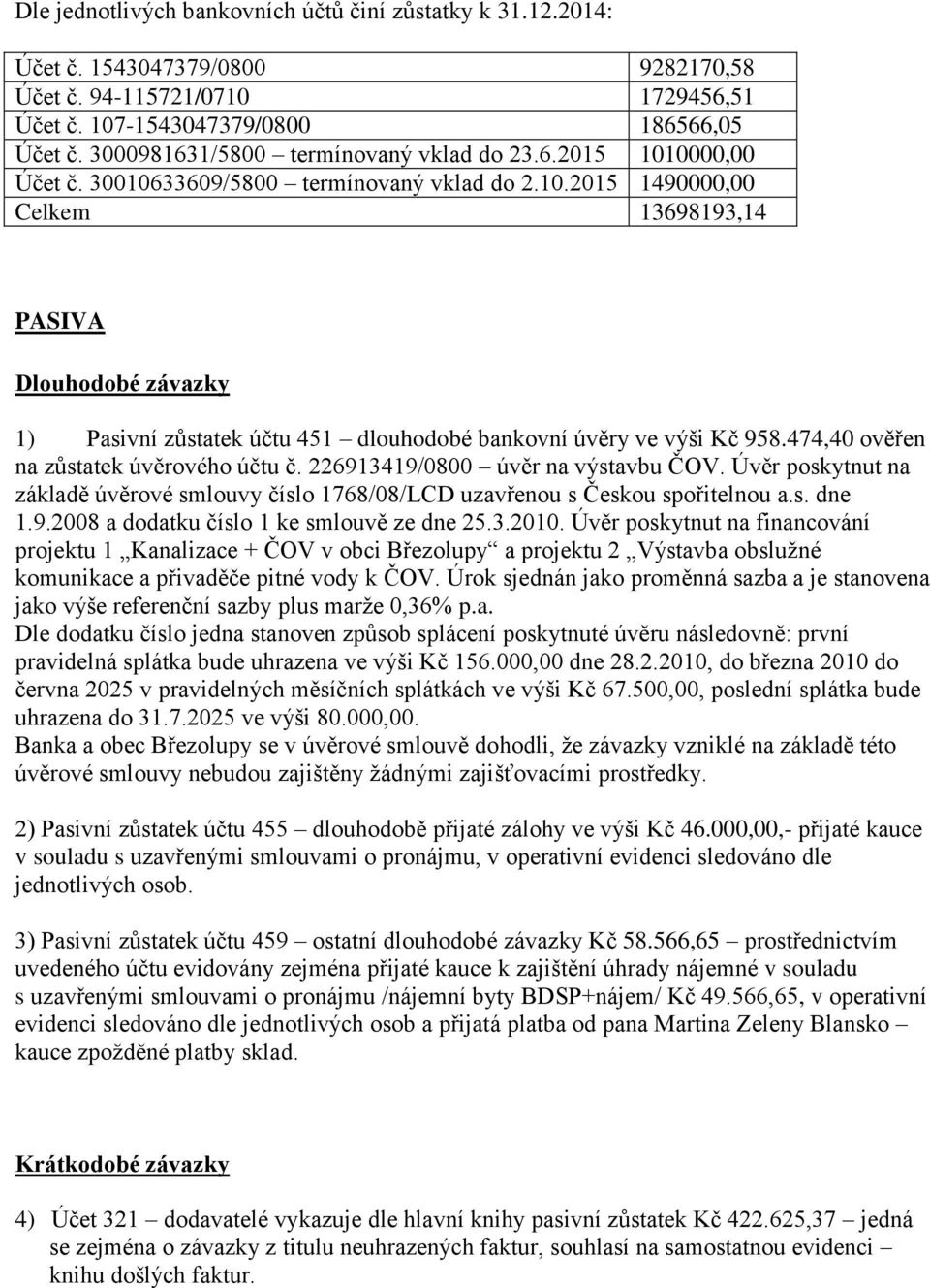 474,40 ověřen na zůstatek úvěrového účtu č. 226913419/0800 úvěr na výstavbu ČOV. Úvěr poskytnut na základě úvěrové smlouvy číslo 1768/08/LCD uzavřenou s Českou spořitelnou a.s. dne 1.9.2008 a dodatku číslo 1 ke smlouvě ze dne 25.