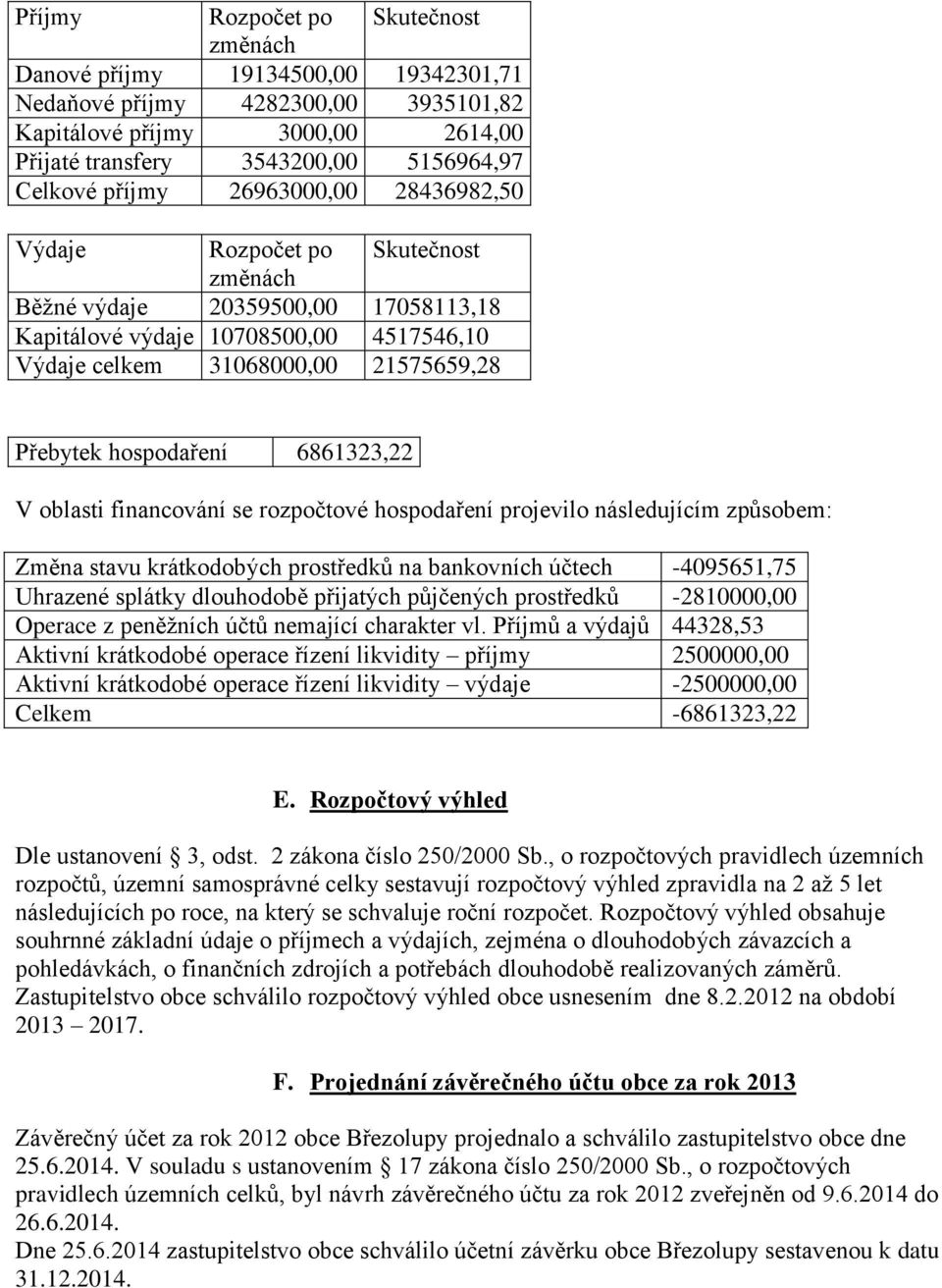 hospodaření 6861323,22 V oblasti financování se rozpočtové hospodaření projevilo následujícím způsobem: Změna stavu krátkodobých prostředků na bankovních účtech -4095651,75 Uhrazené splátky