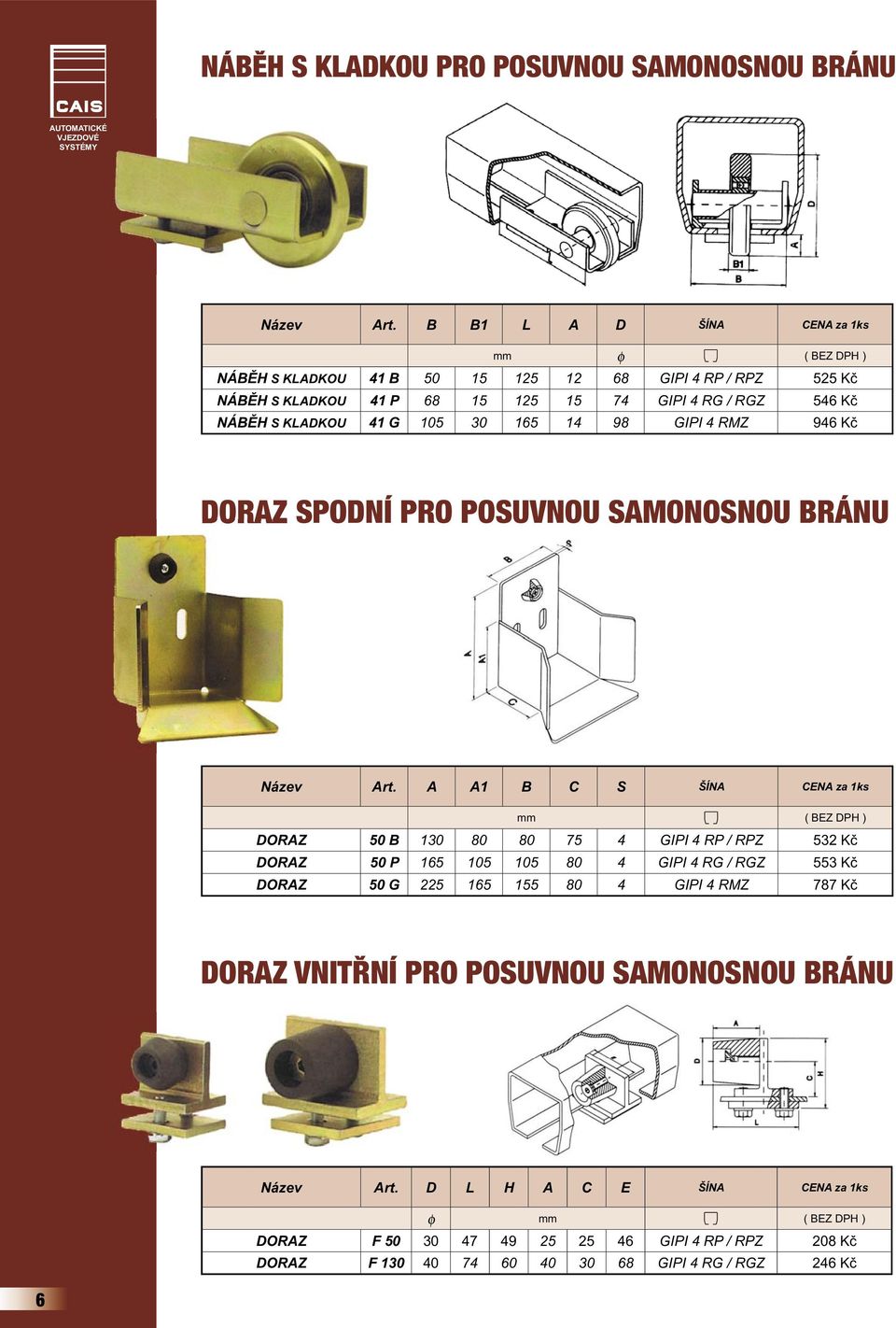 KLADKOU 41 G 105 30 165 14 98 GIPI 4 RMZ 946 Kč DORAZ SPODNÍ PRO POSUVNOU SAMONOSNOU BRÁNU Název Art.