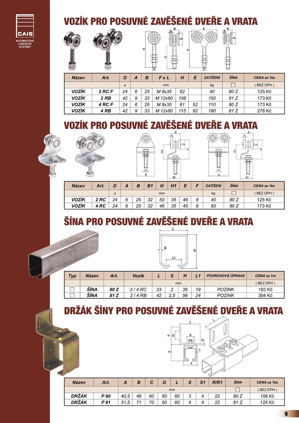 173 Kč VOZÍK 4 RB 42 9 33 M 12x60 115 92 180 81 Z 276 Kč  D A B B1 H H1 E F ZATÍŽENÍ ŠÍNA CENA za 1ks φ mm kg ( BEZ DPH ) VOZÍK 2 RC 24 6 25 32 50 35 46 8 40 80 Z 125 Kč VOZÍK 4 RC 24 6 25 32 46 35