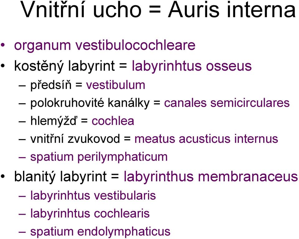 cochlea vnitřní zvukovod = meatus acusticus internus spatium perilymphaticum blanitý