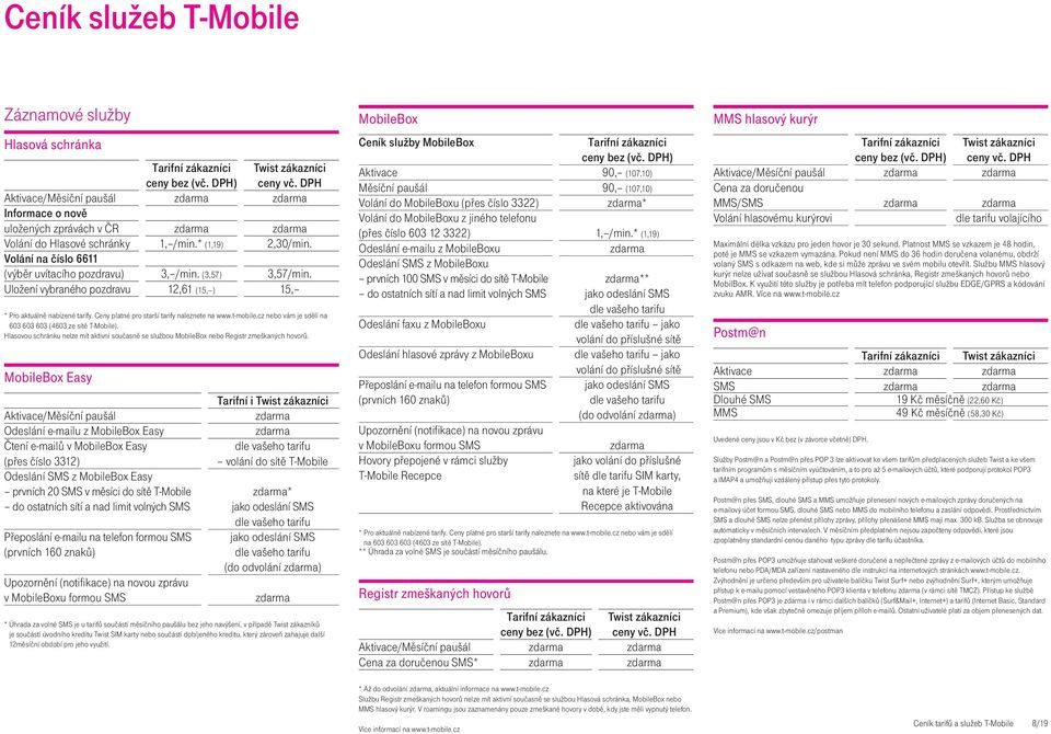 t-mobile.cz nebo vám je sdělí na 603 603 603 (4603 ze sítě T-Mobile). Hlasovou schránku nelze mít aktivní současně se službou MobileBox nebo Registr zmeškaných hovorů.