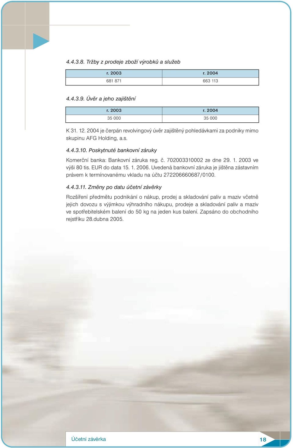 1. 2003 ve výši 80 tis. EUR do data 15. 1. 2006. Uvedená bankovní záruka je jištěna zástavním právem k termínovanému vkladu na účtu 272206660687/0100. 4.4.3.11.