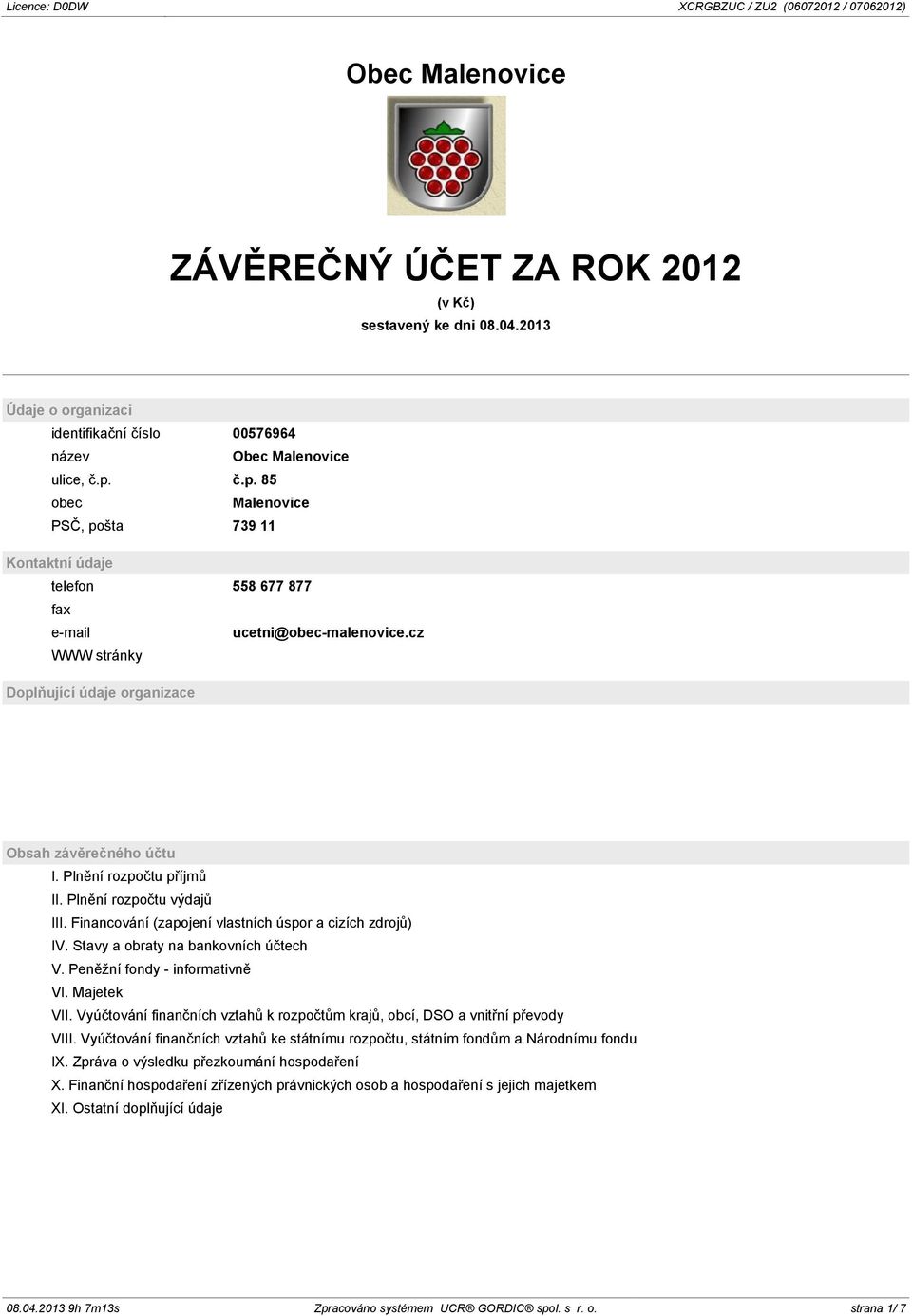 Plnění rozpočtu příjmů II. Plnění rozpočtu výdajů III. Financování (zapojení vlastních úspor a cizích zdrojů) IV. Stavy a obraty na bankovních účtech V. Peněžní fondy - informativně VI. Majetek VII.