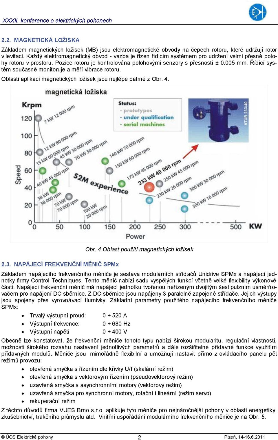 Řídicí systém současně monitoruje a měří vibrace rotoru. Oblasti aplikací magnetických ložisek jsou nejlépe patrné z Obr. 4. 2.3. NAPÁJECÍ FREKVENČNÍ MĚNIČ SPMx Obr.