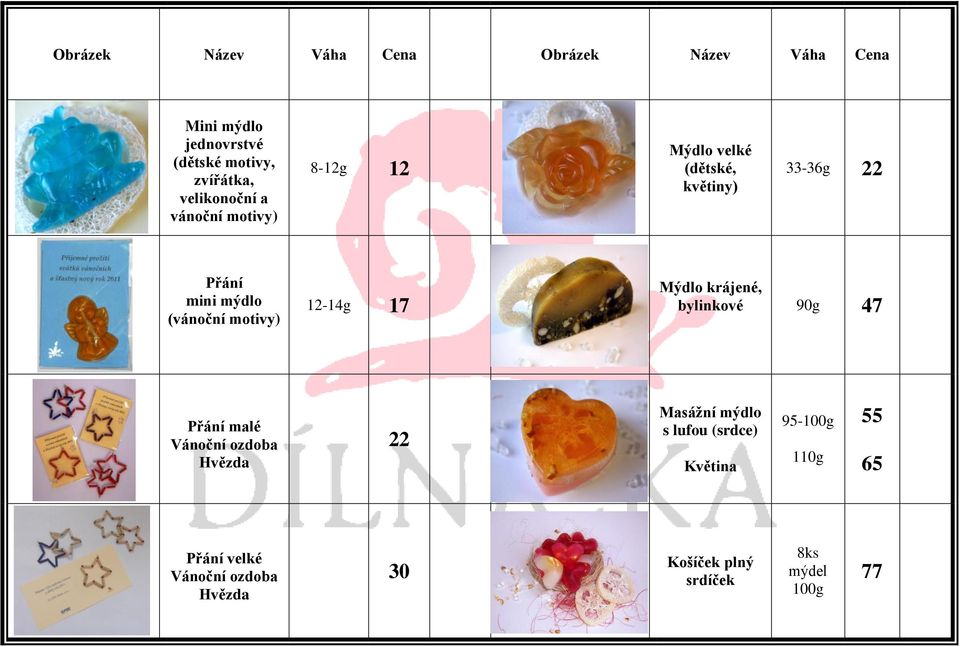 motivy) 12-14g 17 Mýdlo krájené, bylinkové 90g 47 Přání malé Vánoční ozdoba Hvězda 22 Masážní mýdlo s