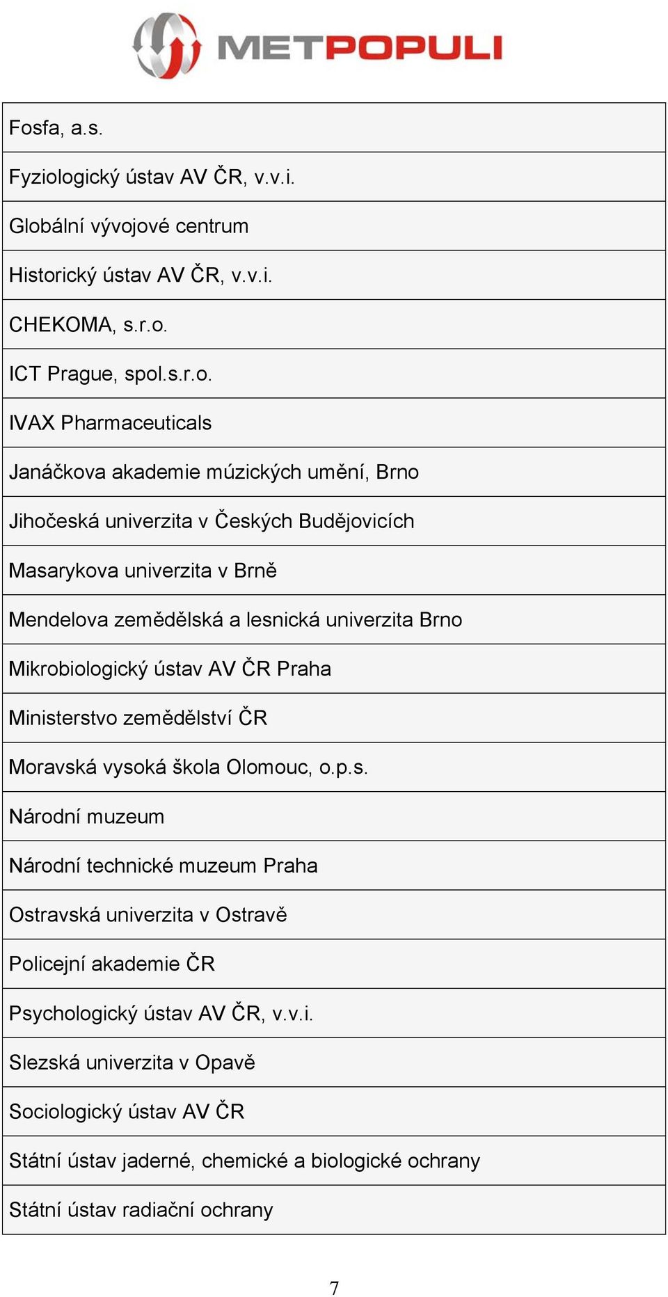 AV ČR Praha Ministerstvo zemědělství ČR Moravská vysoká škola Olomouc, o.p.s. Národní muzeum Národní technické muzeum Praha Ostravská univerzita v Ostravě Policejní akademie ČR Psychologický ústav AV ČR, v.