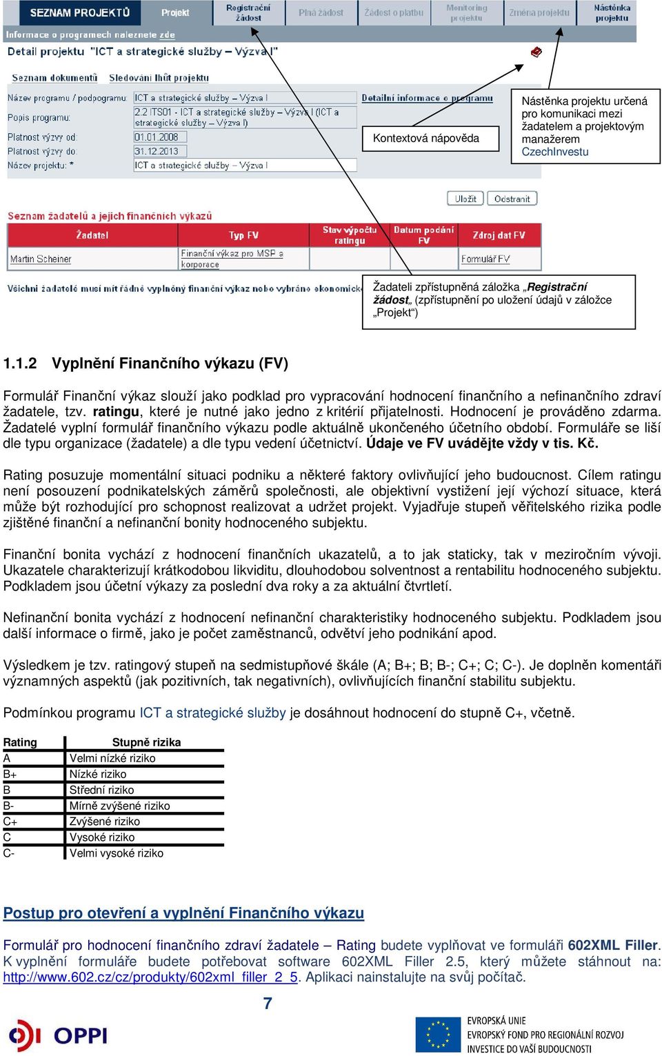 ratingu, které je nutné jako jedno z kritérií přijatelnosti. Hodnocení je prováděno zdarma. Žadatelé vyplní formulář finančního výkazu podle aktuálně ukončeného účetního období.