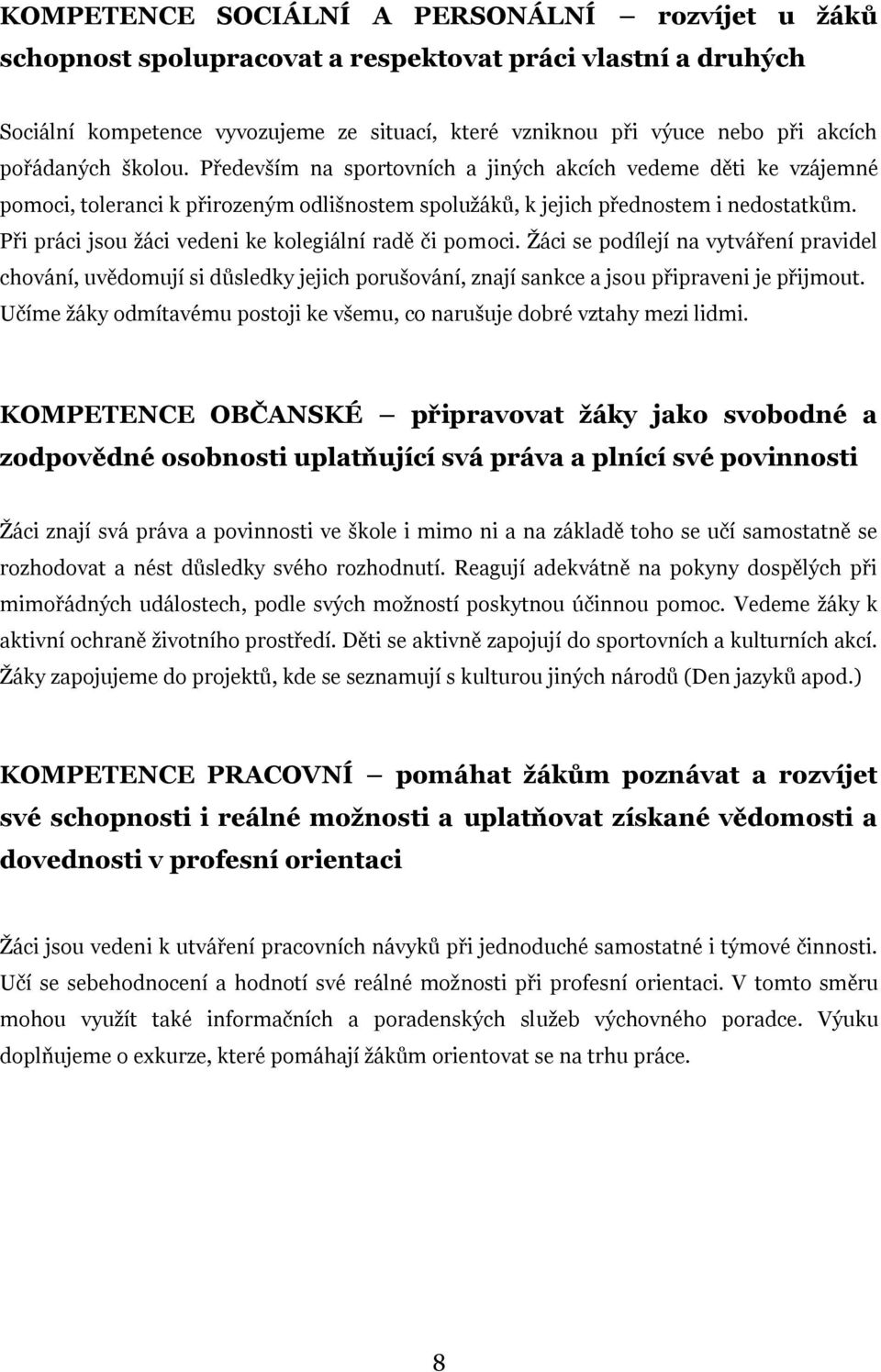 Při práci jsou žáci vedeni ke kolegiální radě či pomoci. Žáci se podílejí na vytváření pravidel chování, uvědomují si důsledky jejich porušování, znají sankce a jsou připraveni je přijmout.