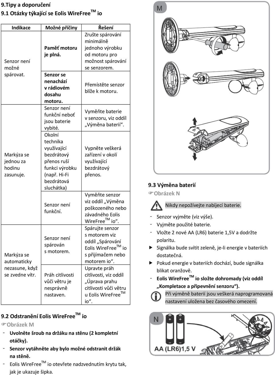 Okolní technika využívající bezdrátový přenos ruší funkci výrobku (např. Hi Fi bezdrátová sluchátka) funkční. spárován s motorem. Práh citlivosti vůči větru je nesprávně nastaven.