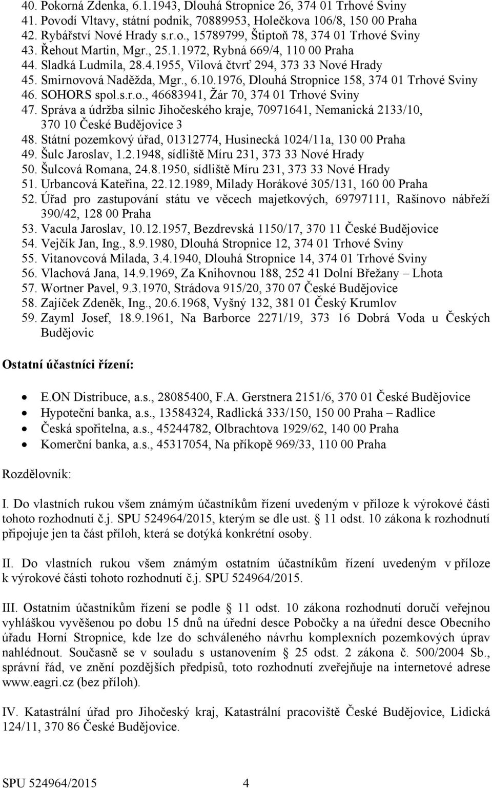 SOHORS spol.s.r.o., 46683941, Žár 70, 374 01 Trhové Sviny 47. Správa a údržba silnic Jihočeského kraje, 70971641, Nemanická 2133/10, 370 10 České Budějovice 3 48.