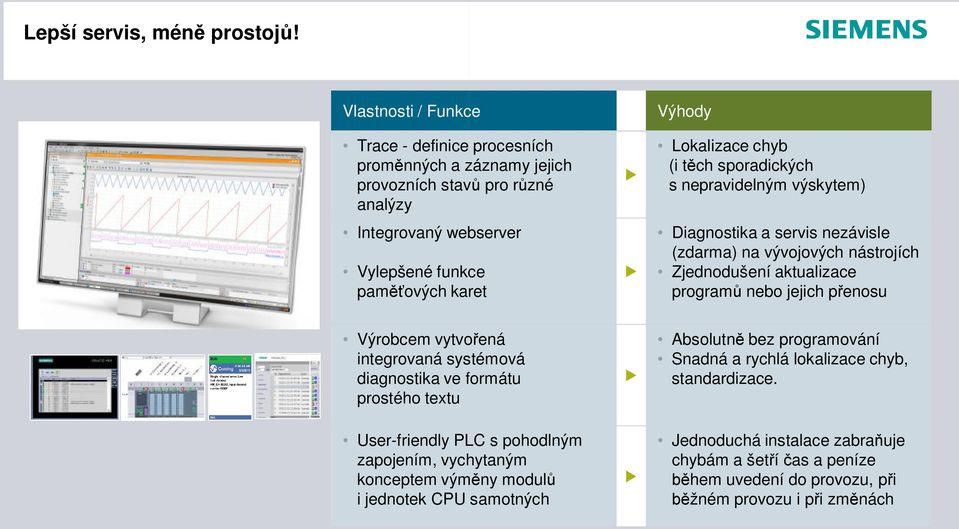 chyb (i těch sporadických s nepravidelným výskytem) Diagnostika a servis nezávisle (zdarma) na vývojových nástrojích Zjednodušení aktualizace programů nebo jejich přenosu Výrobcem vytvořená